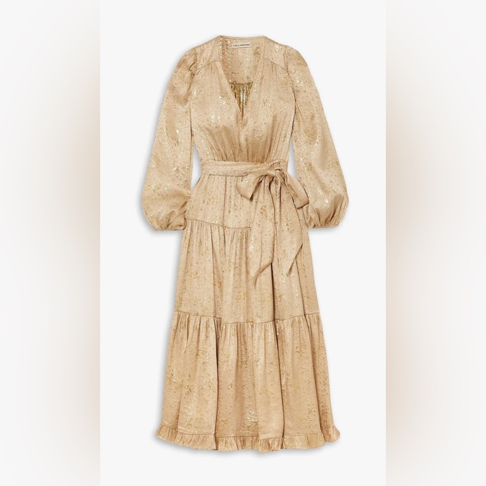 NWOT Ulla Johnson Helena Tiered Silk & Lurex Jacquard Midi Dress (Gold) Size 6